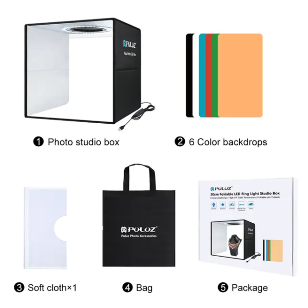 Studio photo pliable PULUZ avec anneau lumineux de 40 cm, 6 décors de couleur et charge rapide USB PD20W. – Image 3