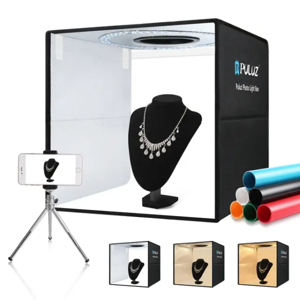 Studio photo pliable PULUZ avec anneau lumineux de 40 cm, 6 décors de couleur et charge rapide USB PD20W.